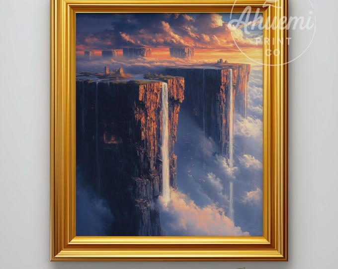 Printable Floating Rock Formations - Dramatic Moody Fantasy Cliffs, Majestic Cloudscape Art, Digital Wall Decor, Cinematic Escape  495