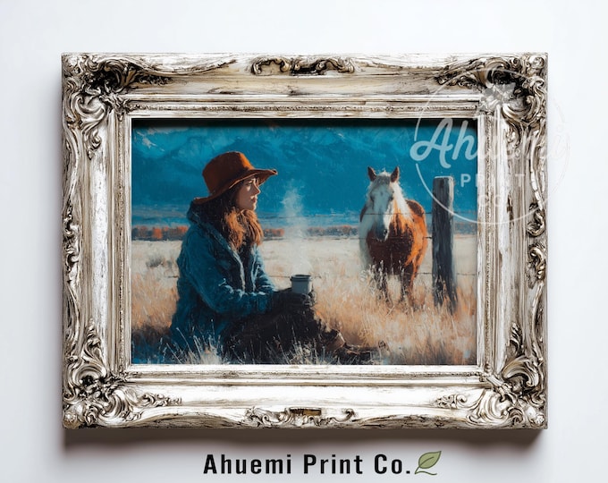 Rustic Cowgirl with Horse Painting - Moody Western Farmhouse Wall Art, Cozy Country Morning Landscape, Printable Frosty Field Print 427