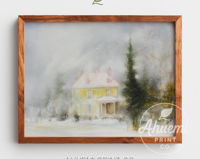 Snowy Mountain Village Watercolor – Winter Cottage Art (Digital Download)