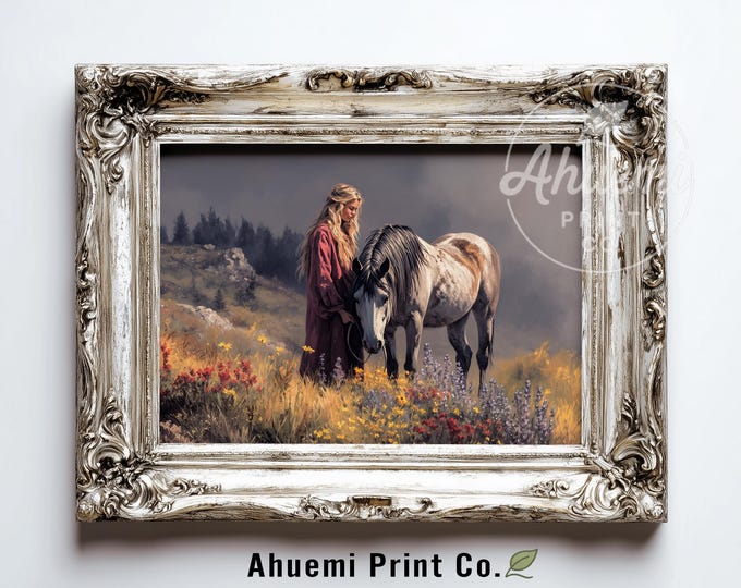 Pastoral Woman with Horse in Meadow - Cottagecore Landscape Art, Moody Romantic Scene, Serene Painting, Printable Wildflower Decor  528
