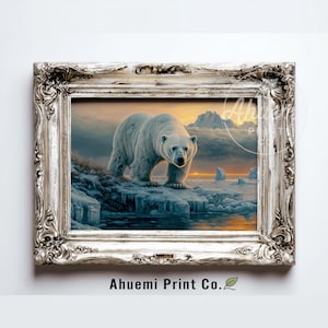 May include: A framed print featuring a polar bear standing on an icy shore. The artwork depicts a serene arctic landscape with a sunset in the background. The frame is ornate with a silver finish. The text "Ahuemi Print Co." is at the bottom.
