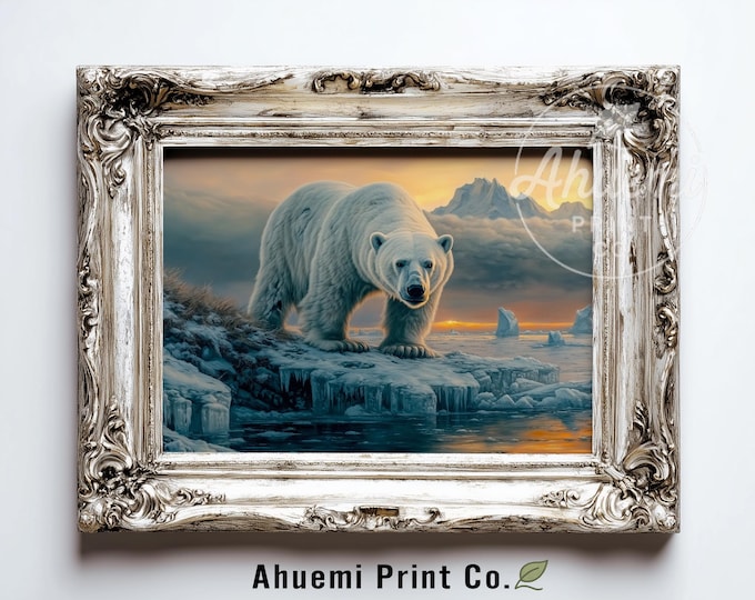 Polar Bear on Ice Floe, Dramatic Wildlife Wall Art - Moody Arctic Scene, Sunset Glow, Cool Teal & Orange, Printable Digital Download 585