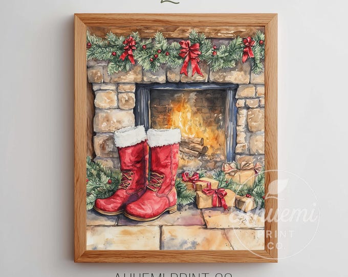 Rustic Santa Boots Watercolor Print, Cozy Christmas Fireplace (Digital Download)