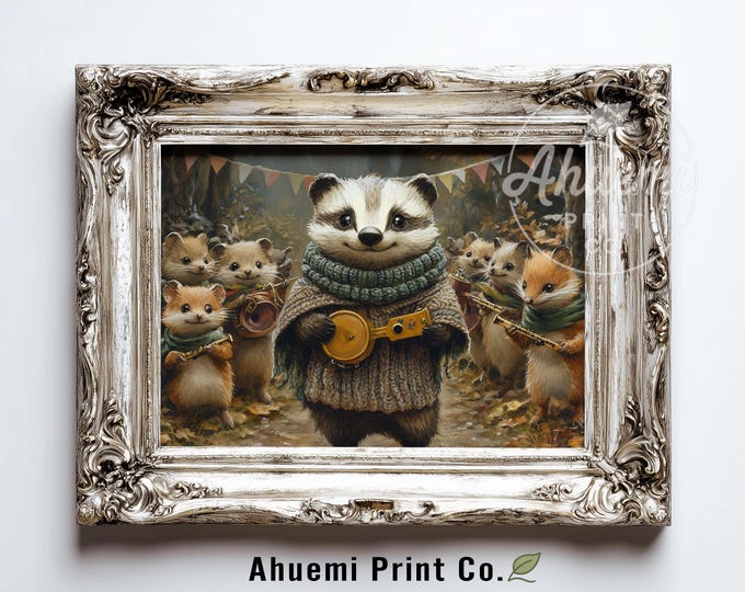 Rustic Badger & Woodland Friends - Cozy Cottagecore Printable, Autumn Forest Scene with Knitted Scarves, Cute Storybook Art Digital 547