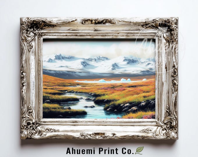 Moody Arctic Tundra Landscape Printable - Tranquil Vintage Painting, Rustic Autumn Decor, Snow-Capped Peaks & Stream, Digital Art 593