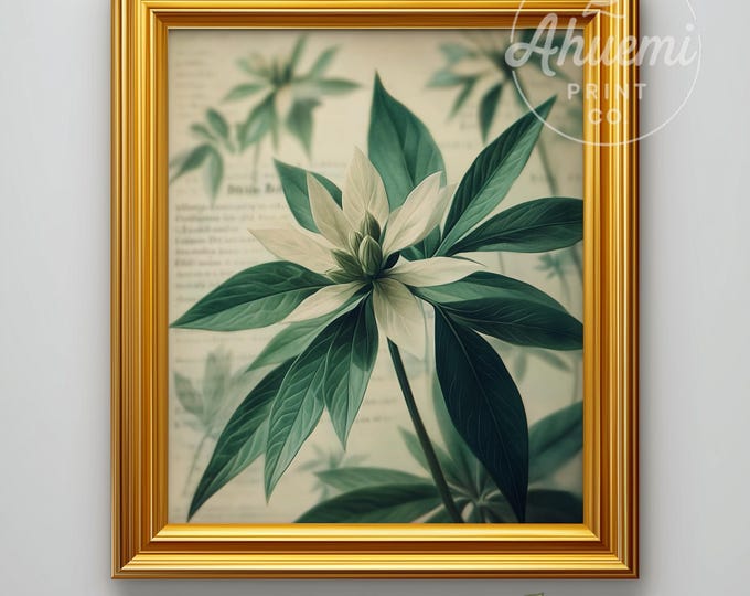 Vintage Botanical Print with Star-Shaped Green Leaves - Rustic Neutral Wall Decor, Cottagecore Art, Farmhouse Instant Digital Download 576