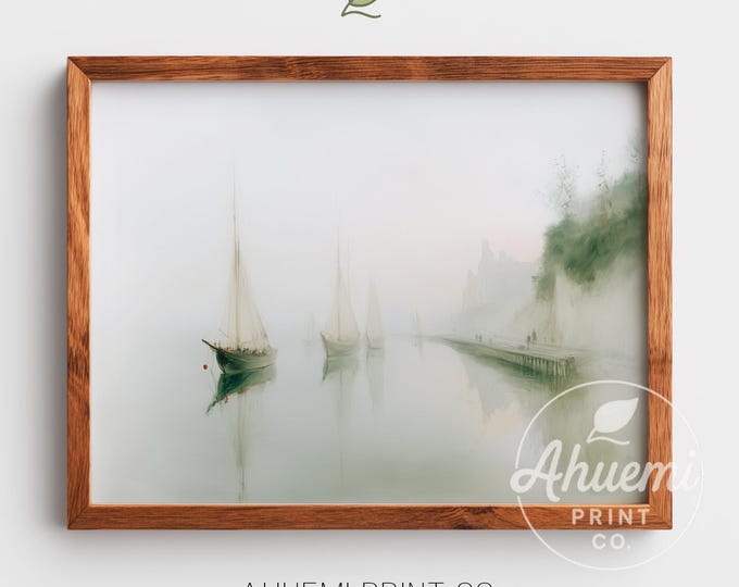 Misty Harbor Boat Watercolor Print – Vintage Coastal Seascape (Digital Download)
