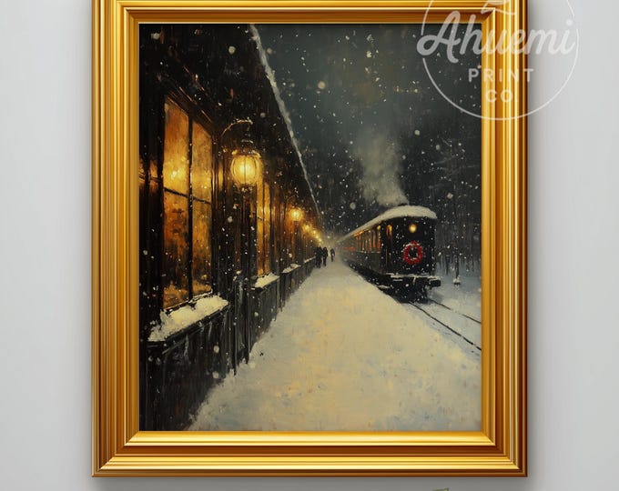 Vintage Train Platform Winter Art Print – Snowy Christmas Decor (Digital Download)