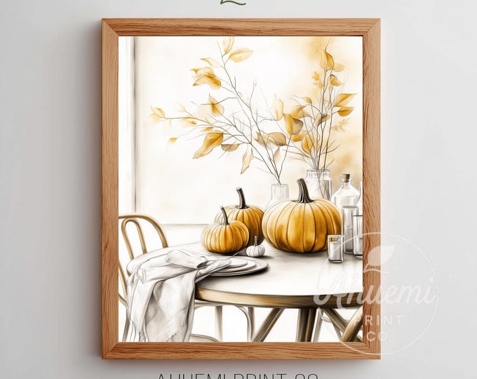 Cozy Autumn Still Life Print - Printable Pumpkins on Dining Table, Neutral Cottagecore Decor, Watercolor Art, Digital Download 97