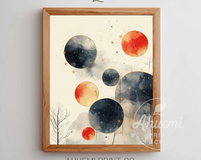Moody Winter Watercolor Landscape Art with Circular Orbs - Contemporary Minimalist Wall Decor, Printable Abstract Design in Warm Tones 267