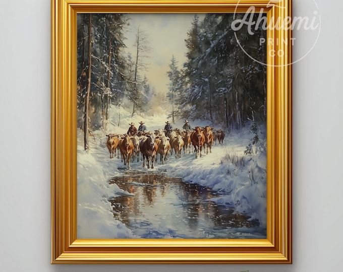 Winter Cattle Stream Painting – Rustic Farmhouse Wall Art (Digital Download)