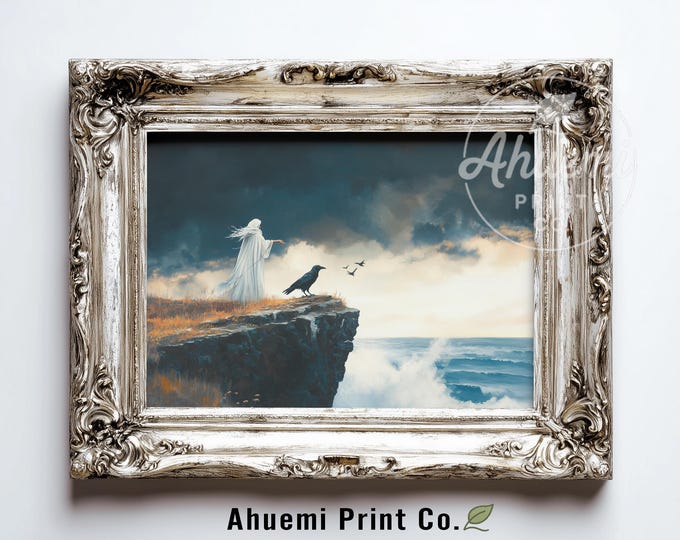 Moody Coastal Gothic Scene - Cloaked Woman on Dark Cliff with Raven, Dramatic Seaside Landscape, Painterly Digital Download Wall Art  538