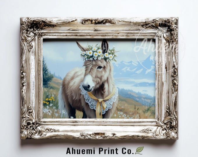 Rustic Cottagecore Donkey Portrait - Shaggy Gray Donkey with Daisy Crown, Cottage Lace Collar, Pastoral Landscape, Printable Wall Art 532