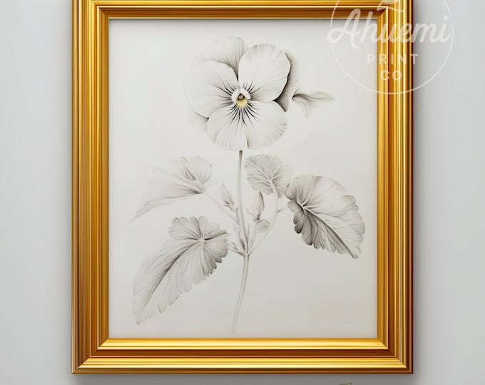 Vintage Violet Flower Pencil Illustration – Cottagecore Botanical Print (Digital Download)