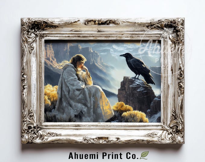 Moody Gothic Fantasy Scene with Woman and Raven - Printable Dramatic Landscape, Romantic Contemplative Decor, Digital Download Art 507