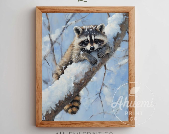 Winter Raccoon Print – Rustic Snowy Woodland Scene (Digital Download)