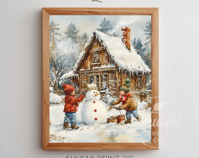 Winter Cottagecore Print – Children Building Snowman (Digital Download)