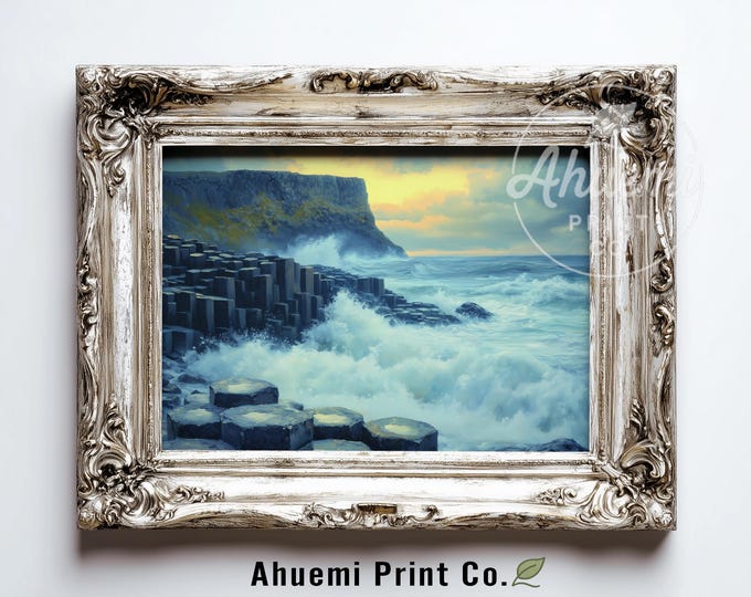 Giant's Causeway Moody Seascape - Dramatic Coastal Wall Art, Textured Basalt Columns, Stormy Nautical Scene, Printable Decor Download 480