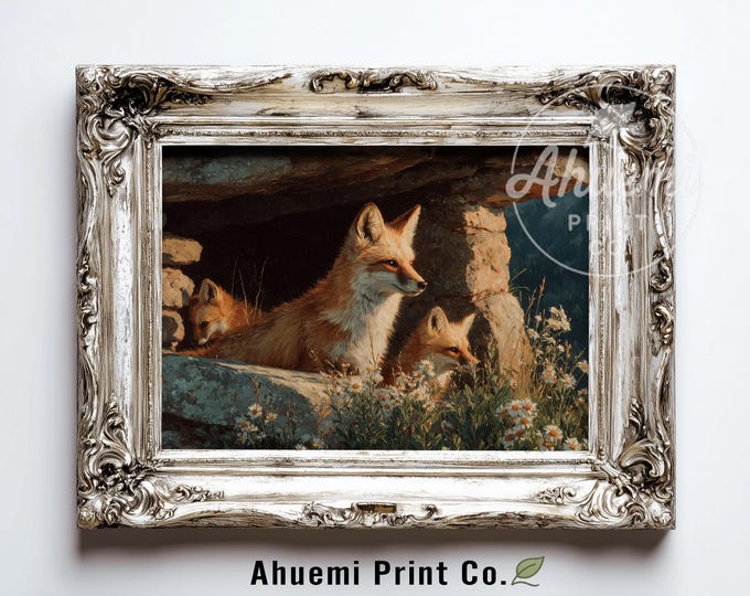 Sierra Nevada Red Fox Family - Moody Rustic Wildlife Art, Printable Woodland Animal Painting, Earthy Cabin Decor, Digital Wall Art  433