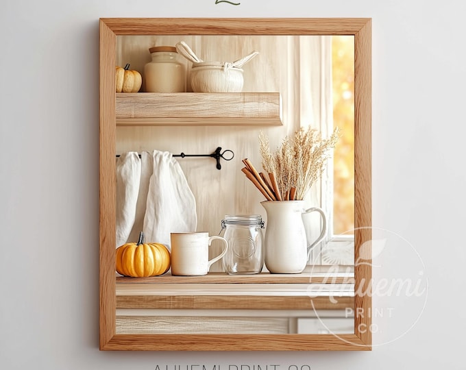 Fall Kitchen Shelf Still Life Print – Farmhouse Autumn Decor (Digital Download)