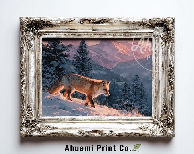 Moody Winter Fox Art in Sierra Nevada - Printable Wildlife Painting, Rustic Snowy Landscape, Serene Dawn Scene, Nature Digital Download  378