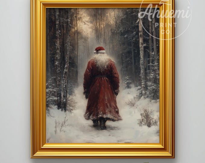 Vintage Santa Claus Print - Snowy Forest, Cozy Holiday Art (Digital Download)