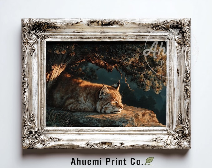 Moody Bobcat Forest Print - Rustic Wildlife Art, Serene Bobcat Resting Illustration, Woodland Cabin Decor, Printable Nature Wall Art 372
