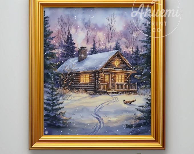 Winter Cabin Watercolor Print – Cozy Cottagecore Woodland Scene (Digital Printable)