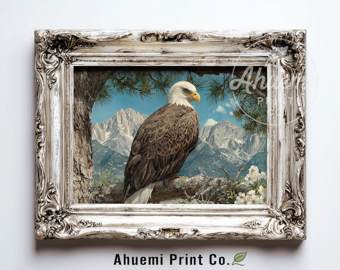 Majestic Bald Eagle on Sunlit Pine Branch - Rustic Wildlife Art, Vintage Nature Illustration, Realistic Eagle Decor, Download Printable 358