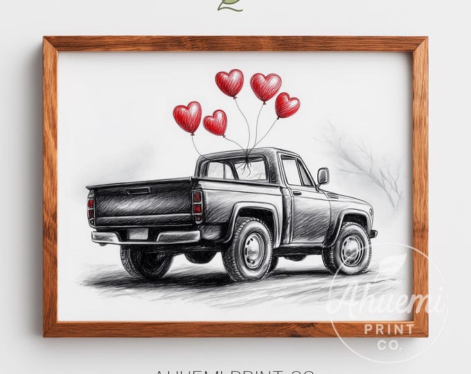 Rustic Pickup Truck with Heart Balloons Print, Farmhouse Style (Digital Download)