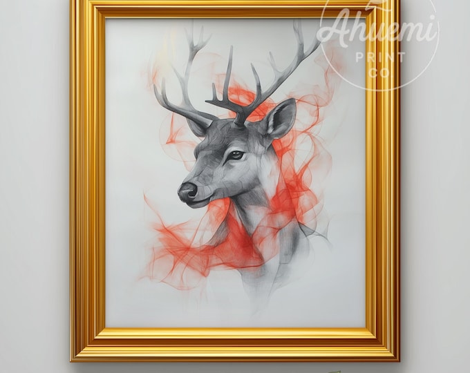Stag Head Sketch Art Print – Moody Antlers, Winter Wall Decor (Digital Download)