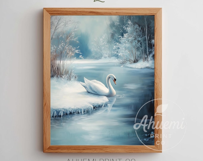 Winter Swan Pond Art Print – Moody Landscape, Calm Nature Scene (Digital Download)