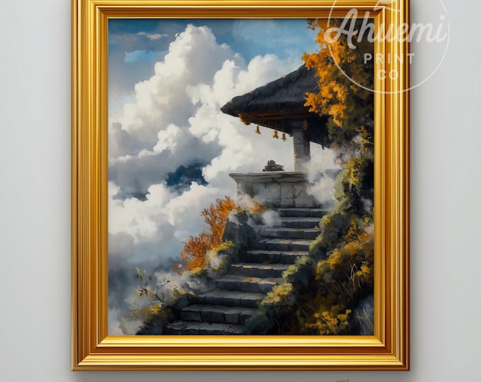 Serene Balinese Temple on Misty Mountain - Moody Spiritual Landscape Art, Atmospheric Travel-Inspired Digital Wall Artwork, Printable 500