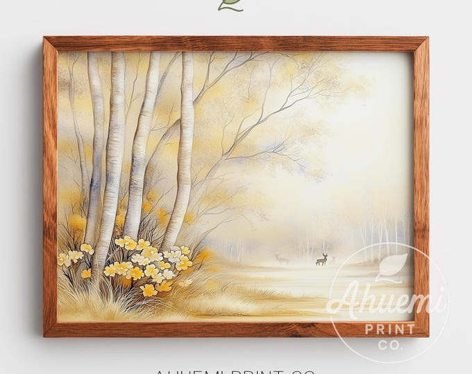Misty Forest Watercolor Print – Tranquil Birch Tree Landscape (Digital Download)