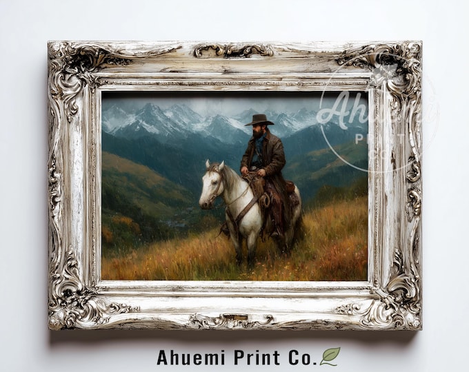Rustic Western Cowboy Print - Lone Rider on White Horse, Antique Silver Spurs, Vintage Pastoral Landscape, Earthy Autumn Art, Printable 388