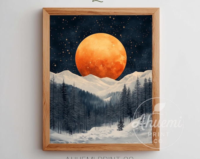 Moody Winter Moon over Snowy Mountain Landscape - Dreamy Night Scene, Rustic Cottagecore Pine Forest, Printable Watercolor-Style Art 241