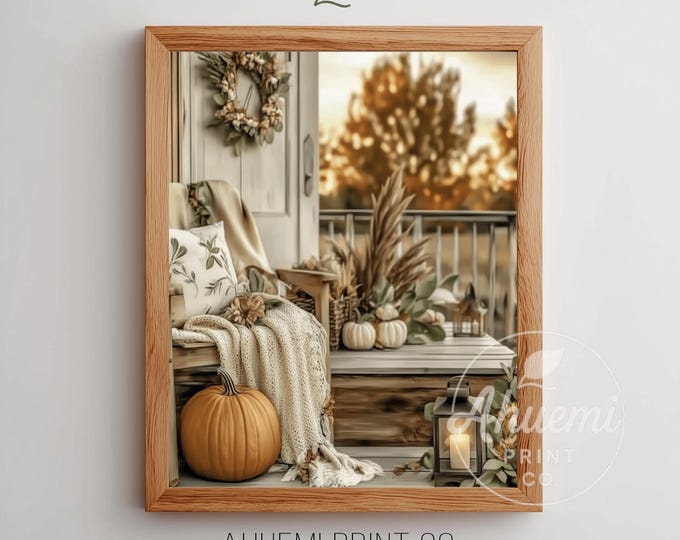 Cozy Autumn Porch Vignette with Pumpkin - Rustic Farmhouse Printable Wall Art, Warm Dusk Scene, Cottagecore Fall Decor, Digital Download 94