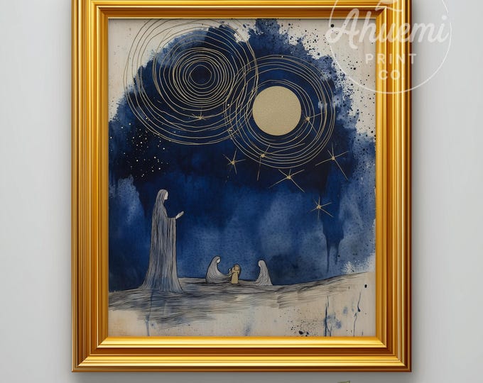 Indigo Nativity Scene Print – Modern Christmas Decor (Digital Download)