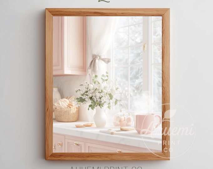 Pink Holiday Kitchen Print – Cozy Cottagecore Christmas Decor (Digital Download)