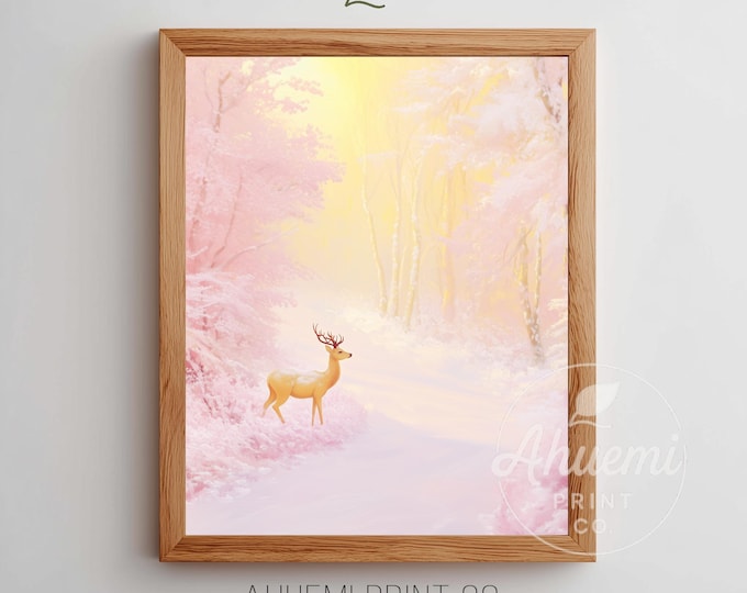 Pink Deer Winter Forest Print – Rustic Pastel Landscape (Digital Download)