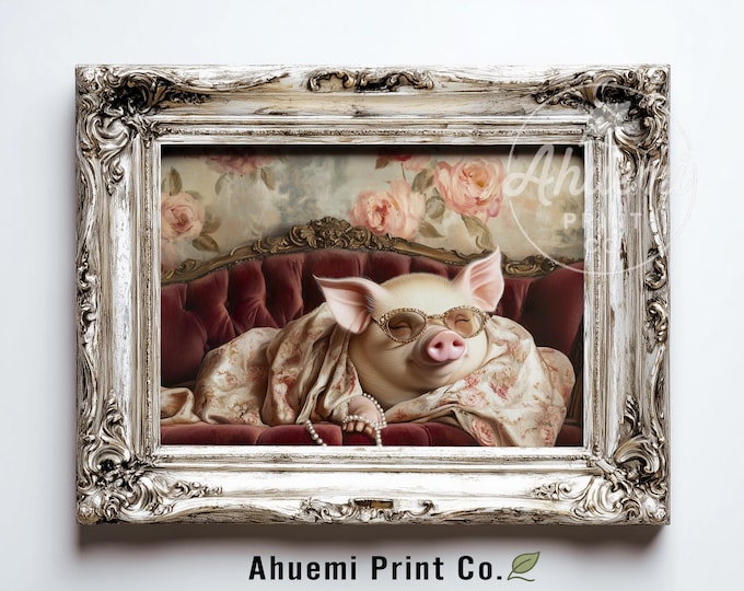 Vintage Pig Portrait on Fainting Sofa - Cute Farmhouse Wall Art, Elegant Potbelly Pig with Glasses & Shawl, Printable Humorous Decor 531