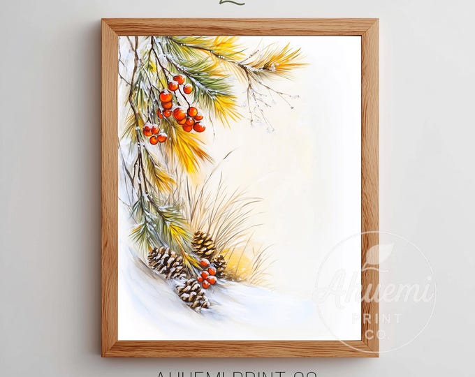 Rustic Vintage Evergreen Boughs with Red Berries - Festive Winter Print, Cozy Christmas Wall Art, Farmhouse Decor, Digital Download 248