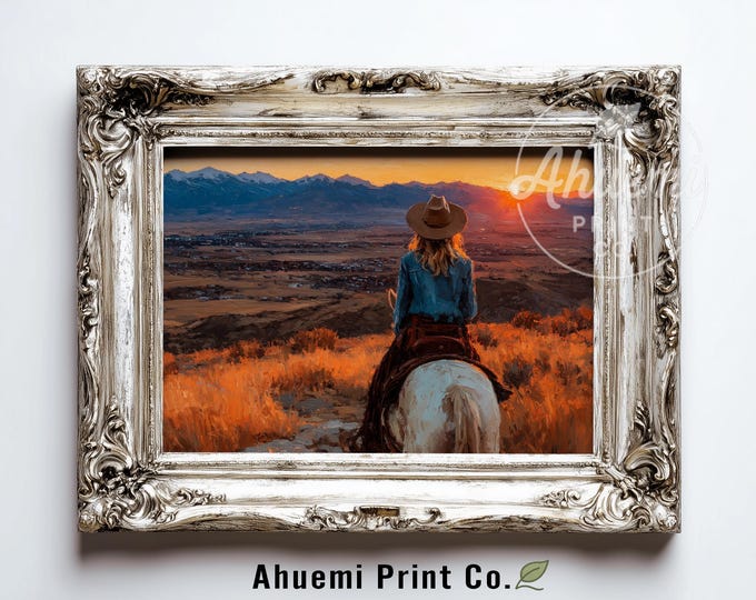 Cowgirl Riding under Autumn Sunset - Western Style Rustic Landscape Art, Moody Country Scene, Printable Wall Decor, Digital Download 413