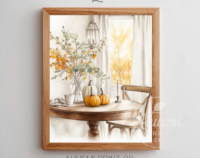 Autumnal Dining Nook Print – Cozy Farmhouse Kitchen Illustration (Digital Download)