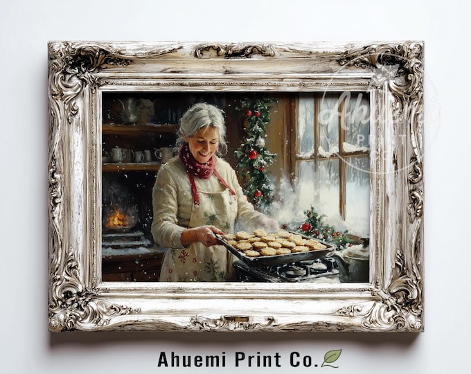Grandma Baking Christmas Cookies Print – Rustic Holiday Kitchen Art (Digital Download)