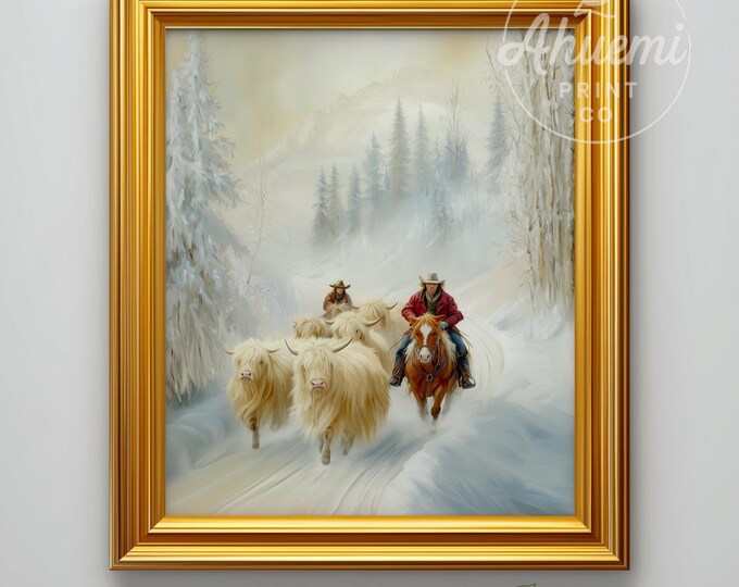 Highland Cattle Winter Landscape Painting - Rustic Farmhouse Print (Digital Download)