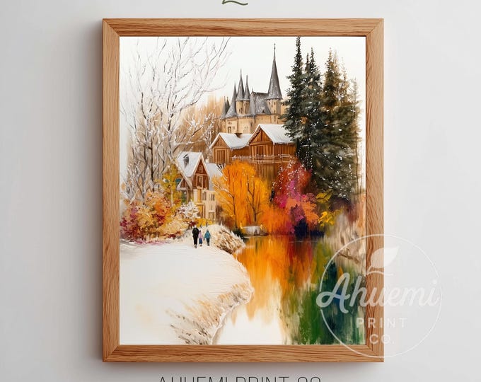 Rustic Winter Village Landscape - Cozy Skaters on Snowy Riverbank, Vintage Pastoral Scene, Printable Winter Wall Art, Digital Download 265