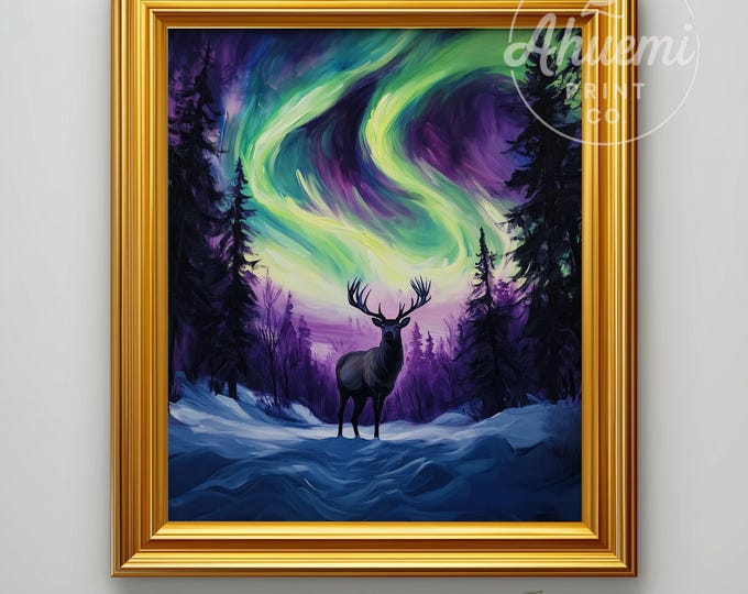 Winter Stag Aurora Print – Moody Wildlife Landscape (Digital Download)