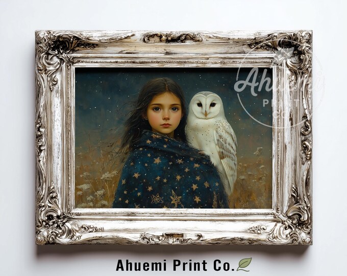 Moody Vintage Girl & Owl Portrait - Fantasy-Inspired Wall Art, Elegant Twilight Sky Painting, Printable Classical Art Digital Download 536