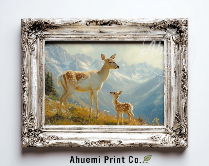 Rustic Deer Doe and Fawn in Meadow Printable Art - Serene Wildlife Illustration, Cottagecore Nature Decor, Pastoral Digital Download 449